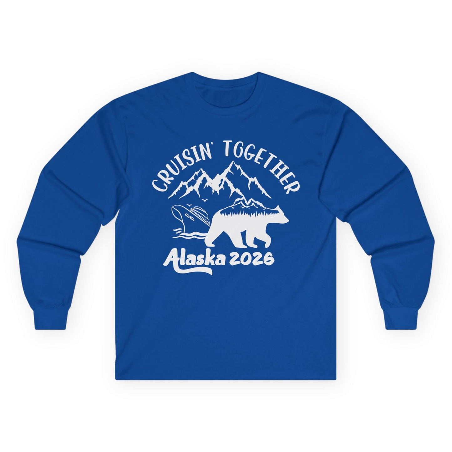 Cruisin Together Alaska 2026 Bear Mountain Group Cruise Shirt Long Sleeve Shirt – Royal – Alaska Cruise Shirts