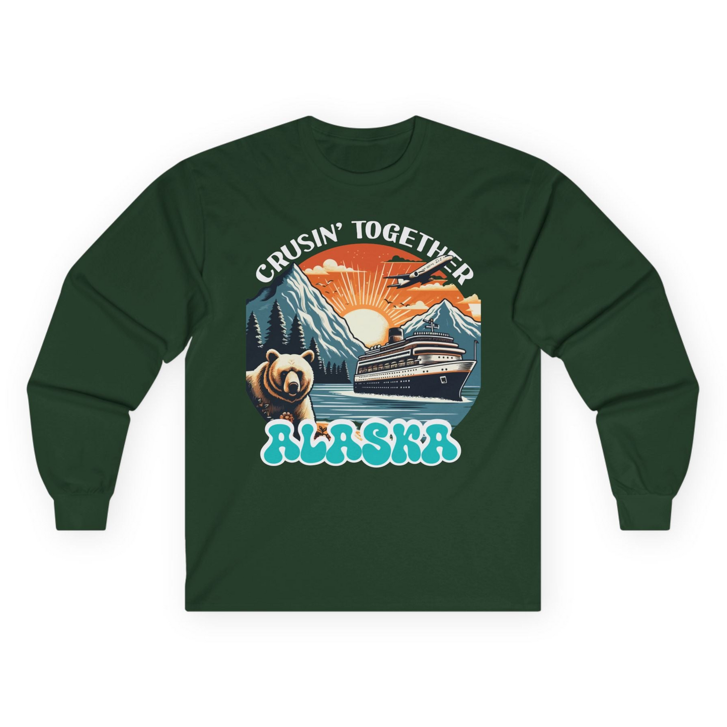 Alaska Cruise Shirt - Retro Bear and Ship Vintage Travel Illustration Long Sleeve Shirt – Forest Green – Alaska Cruise Shirts