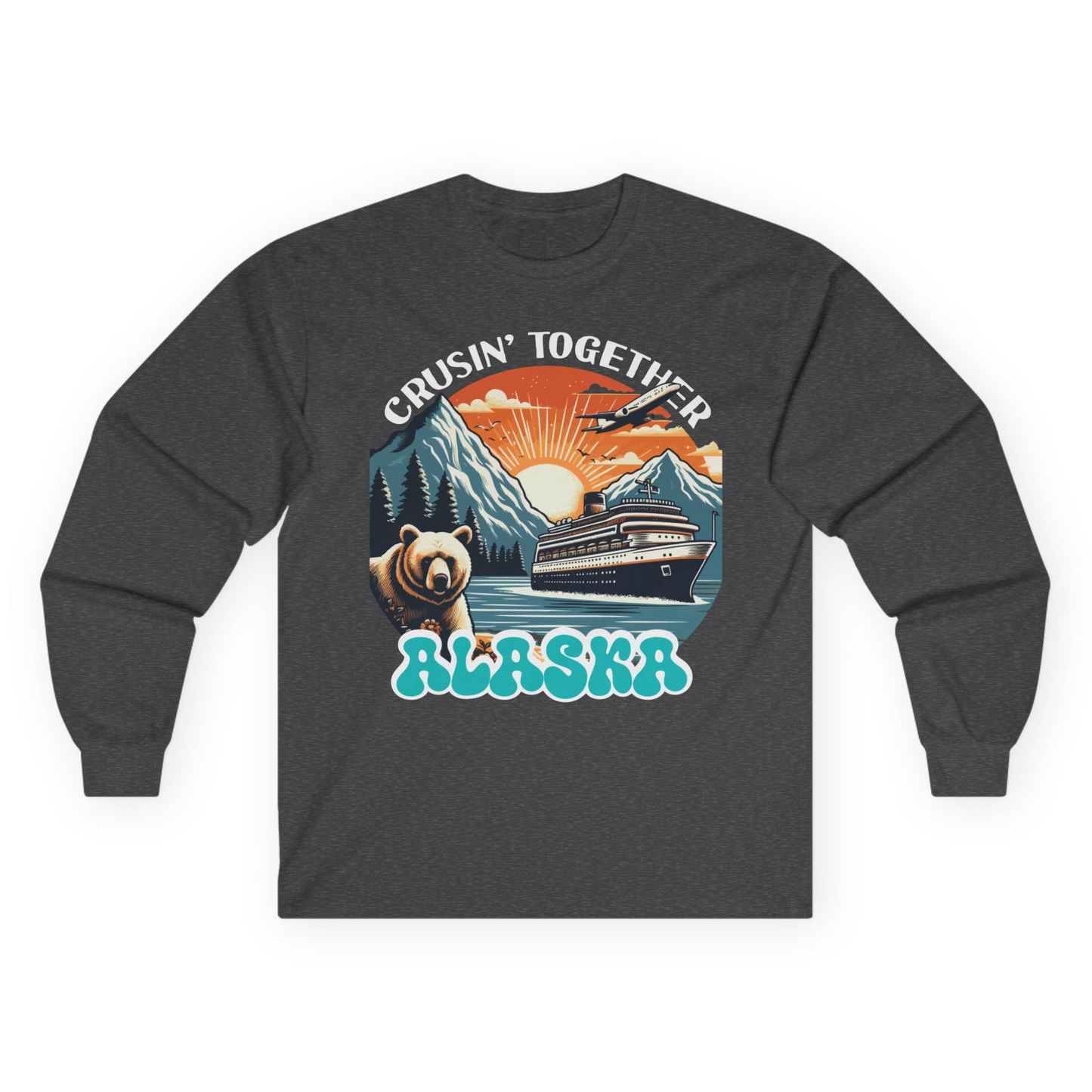 Alaska Cruise Shirt - Retro Bear and Ship Vintage Travel Illustration Long Sleeve Shirt – Dark Heather – Alaska Cruise Shirts