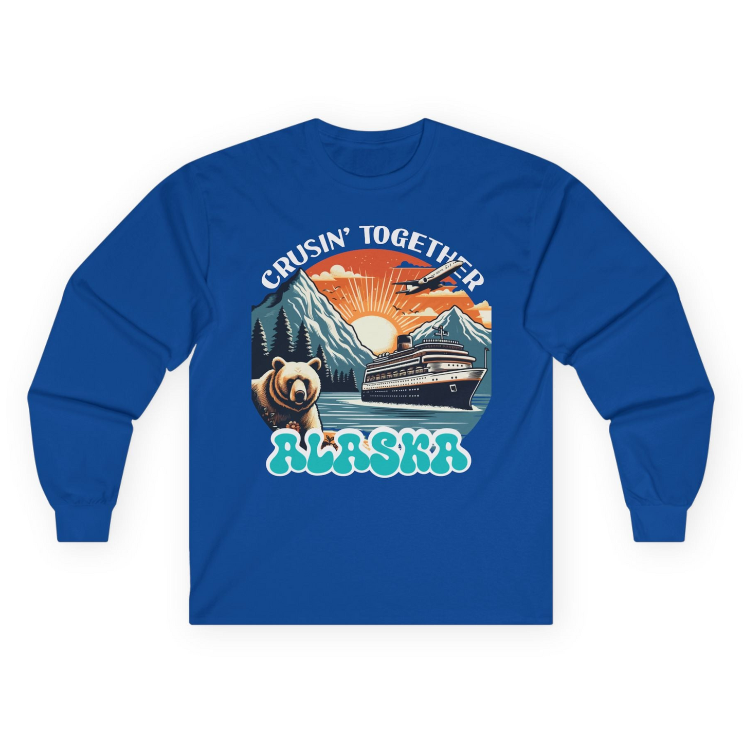 Alaska Cruise Shirt - Retro Bear and Ship Vintage Travel Illustration Long Sleeve Shirt – Royal – Alaska Cruise Shirts