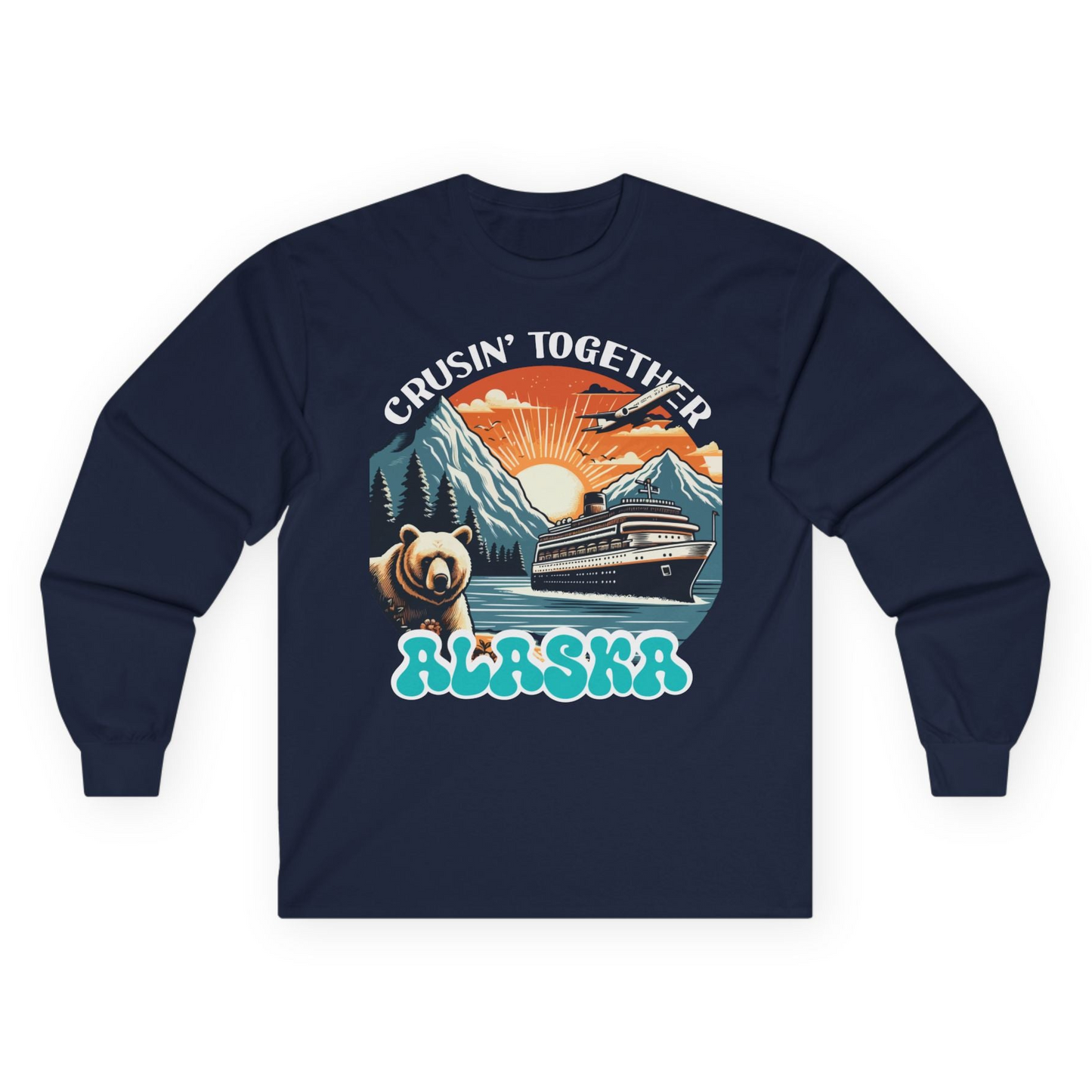 Alaska Cruise Shirt - Retro Bear and Ship Vintage Travel Illustration Long Sleeve Shirt – Navy – Alaska Cruise Shirts