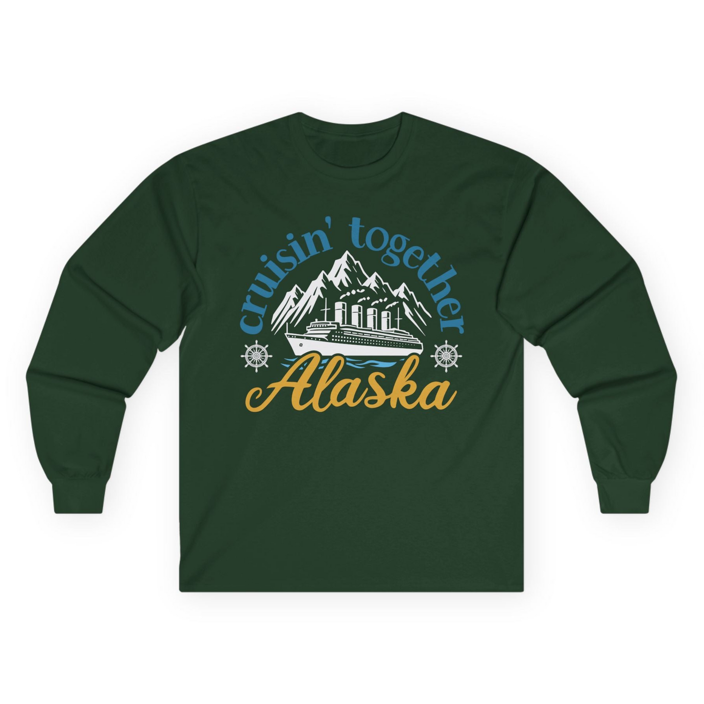 Alaska Cruise Adventure Shirt - Retro Mountains and Ship Graphic Tee Long Sleeve Shirt – Forest Green – Alaska Cruise Shirts