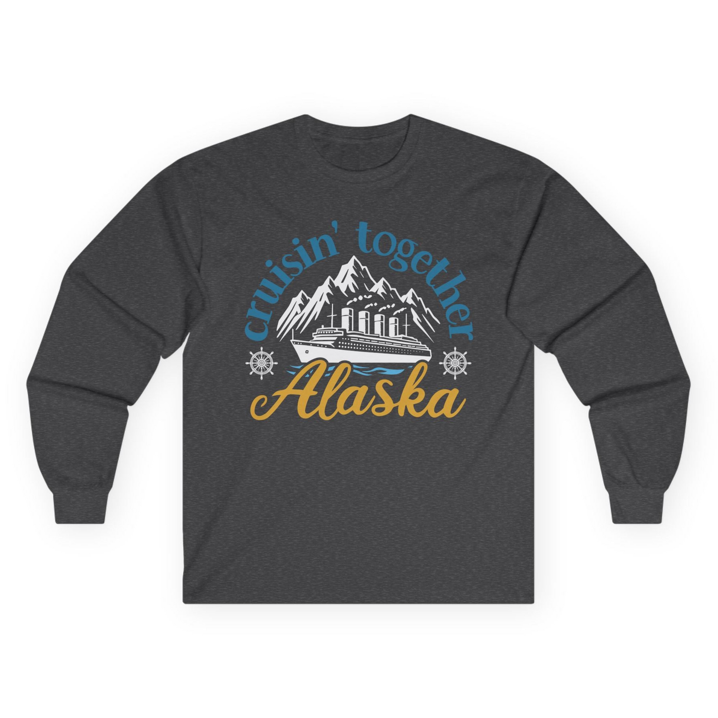 Alaska Cruise Adventure Shirt - Retro Mountains and Ship Graphic Tee Long Sleeve Shirt – Dark Heather – Alaska Cruise Shirts