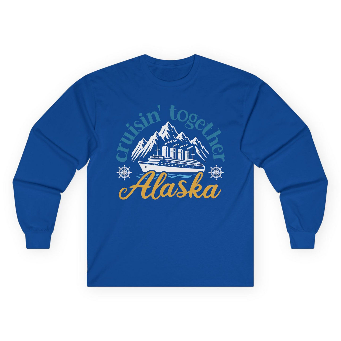 Alaska Cruise Adventure Shirt - Retro Mountains and Ship Graphic Tee Long Sleeve Shirt – Royal – Alaska Cruise Shirts