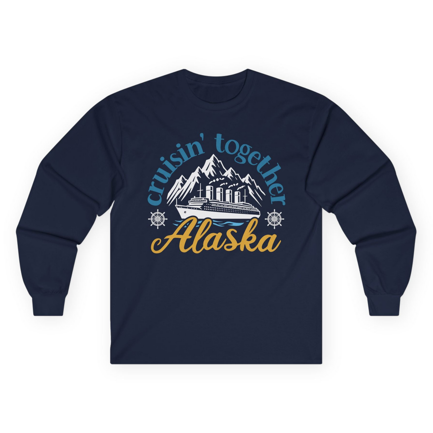 Alaska Cruise Adventure Shirt - Retro Mountains and Ship Graphic Tee Long Sleeve Shirt – Navy – Alaska Cruise Shirts