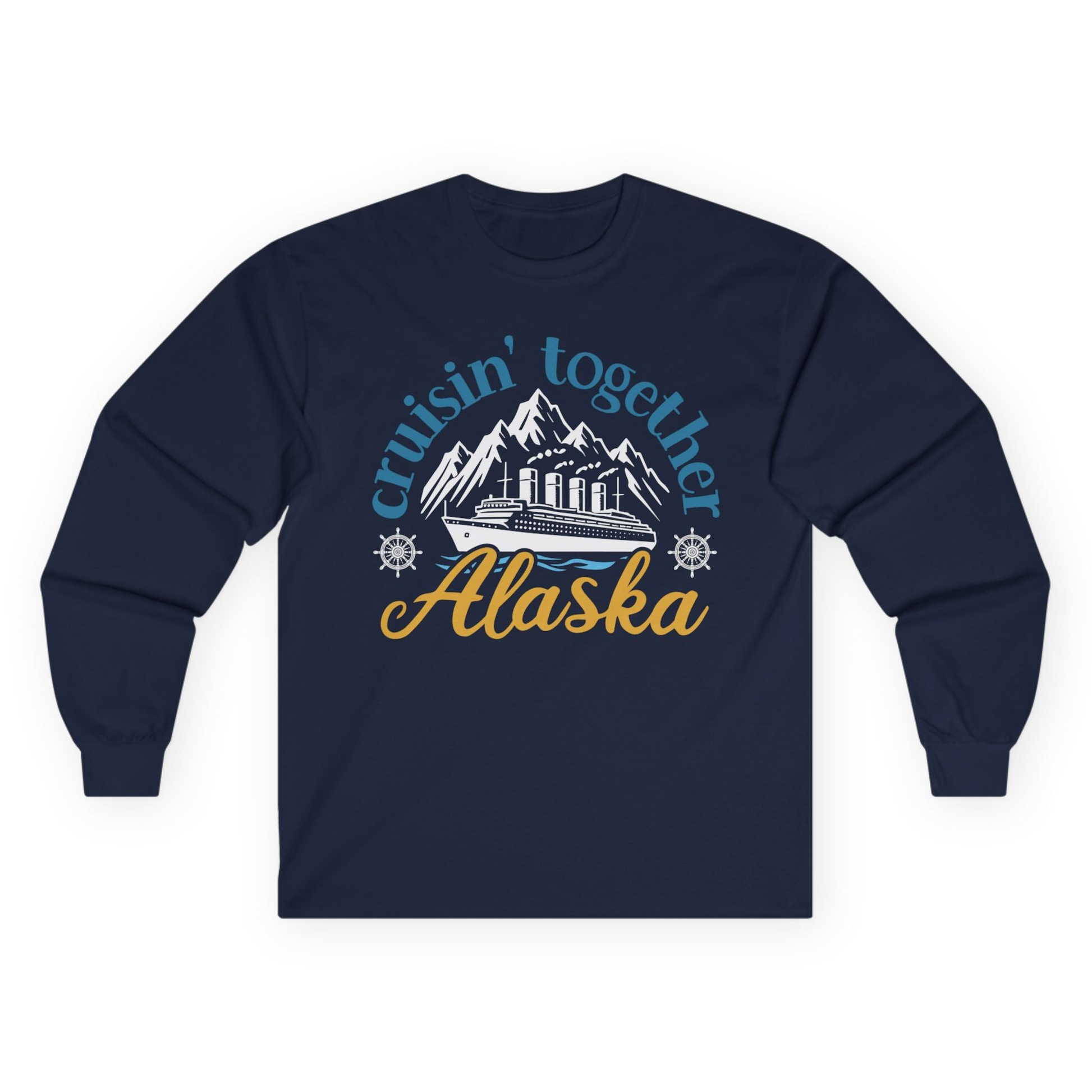 Alaska Cruise Adventure Shirt - Retro Mountains and Ship Graphic Tee Long Sleeve Shirt – Navy – Alaska Cruise Shirts