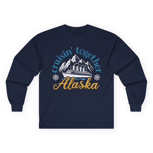 Alaska Cruise Adventure Shirt - Retro Mountains and Ship Graphic Tee Long Sleeve Shirt – Navy – Alaska Cruise Shirts