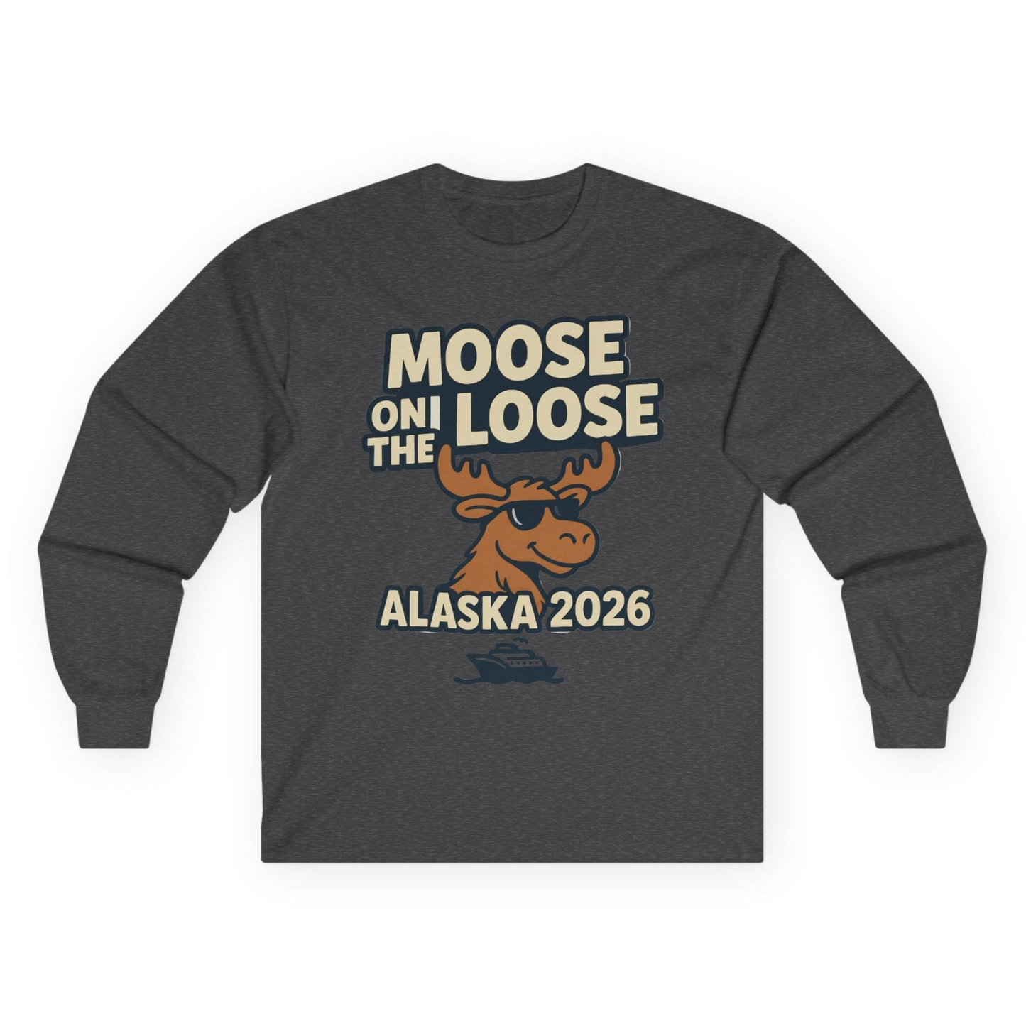 Moose on the Loose Alaska 2026 Cruise Cartoon Funny Shirt Long Sleeve Shirt – Dark Heather – Alaska Cruise Shirts