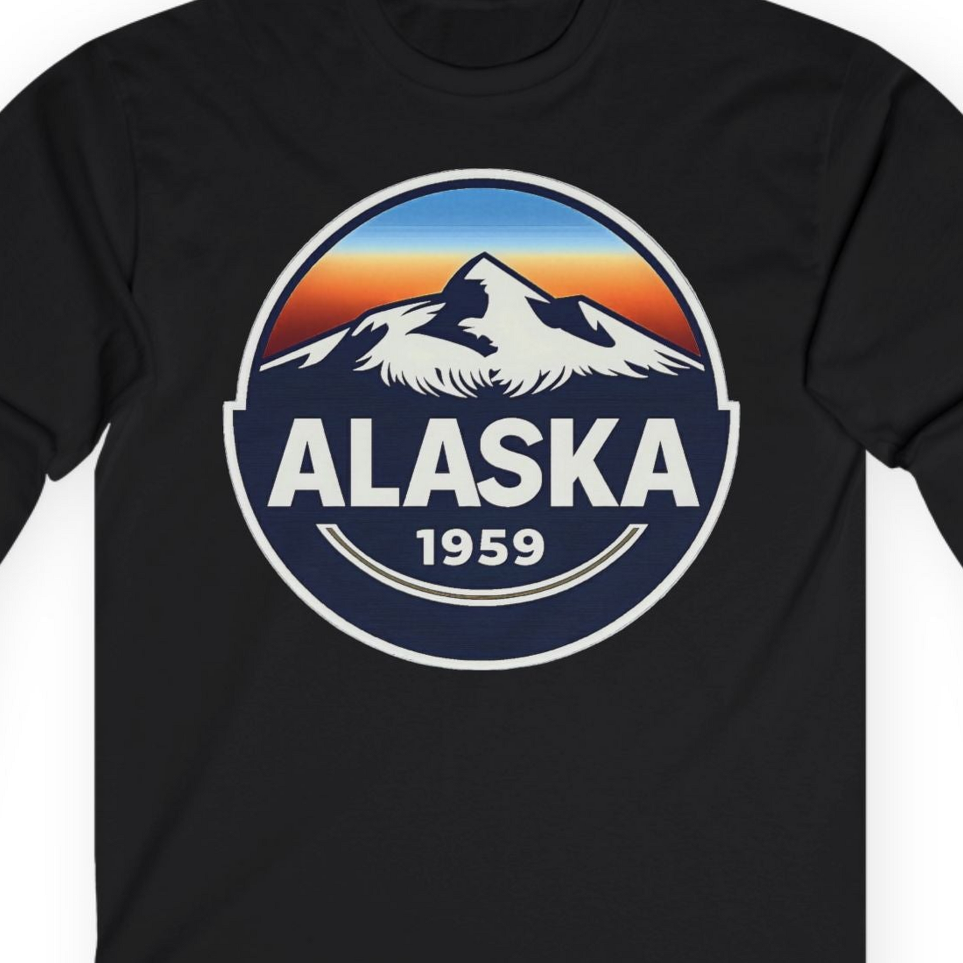 Alaska 1959 Retro Mountain Sunset Badge long sleeve shirt Vintage Statehood long sleeve shirt — Long Sleeve Long Sleeve Shirt – Black – Alaska Cruise Shirts Close Up