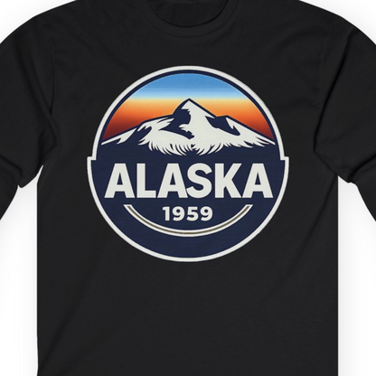 Alaska 1959 Retro Mountain Sunset Badge long sleeve shirt Vintage Statehood long sleeve shirt — Long Sleeve Long Sleeve Shirt – Black – Alaska Cruise Shirts Close Up