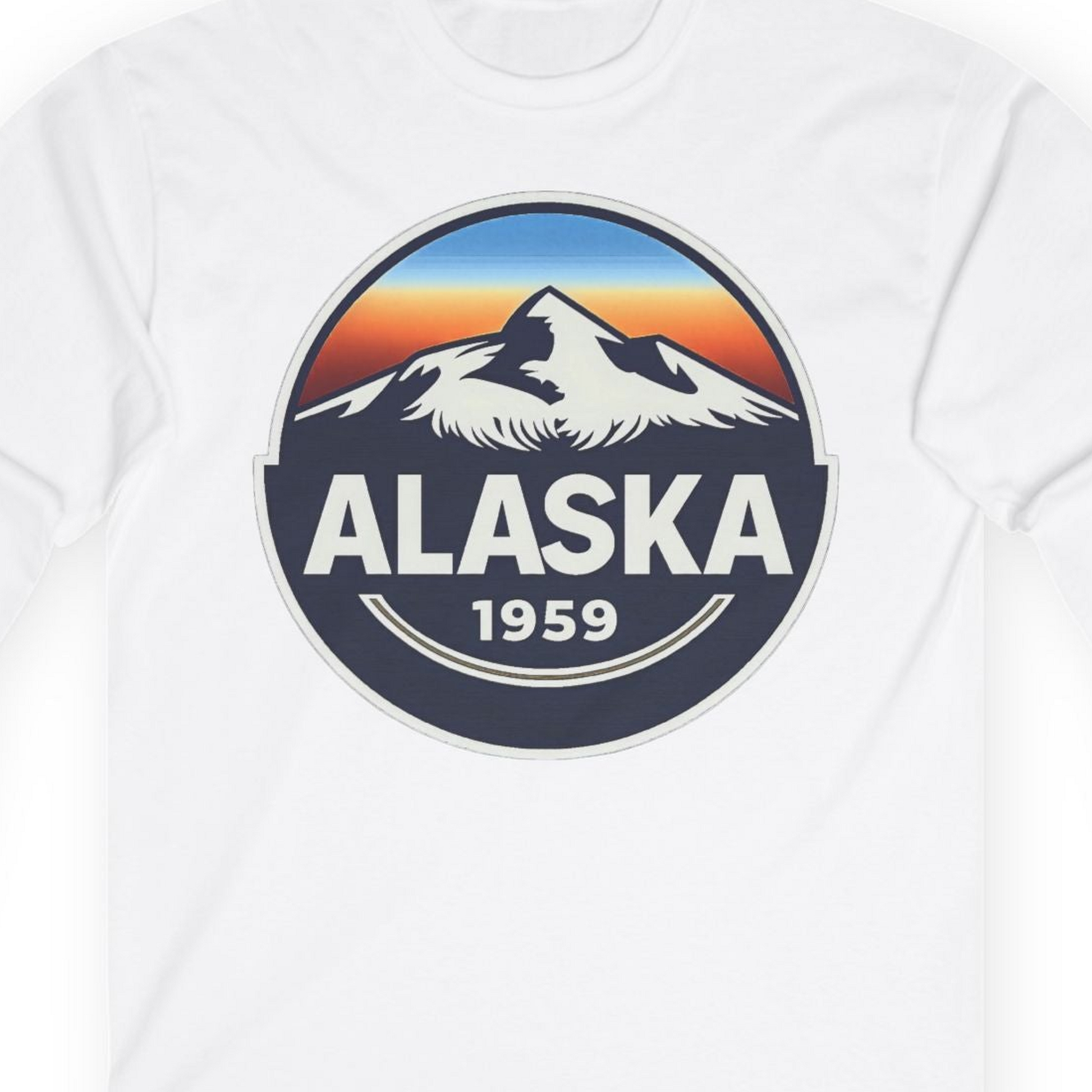 Alaska 1959 Retro Mountain Sunset Badge long sleeve shirt Vintage Statehood long sleeve shirt — Long Sleeve Long Sleeve Shirt – White – Alaska Cruise Shirts Close Up