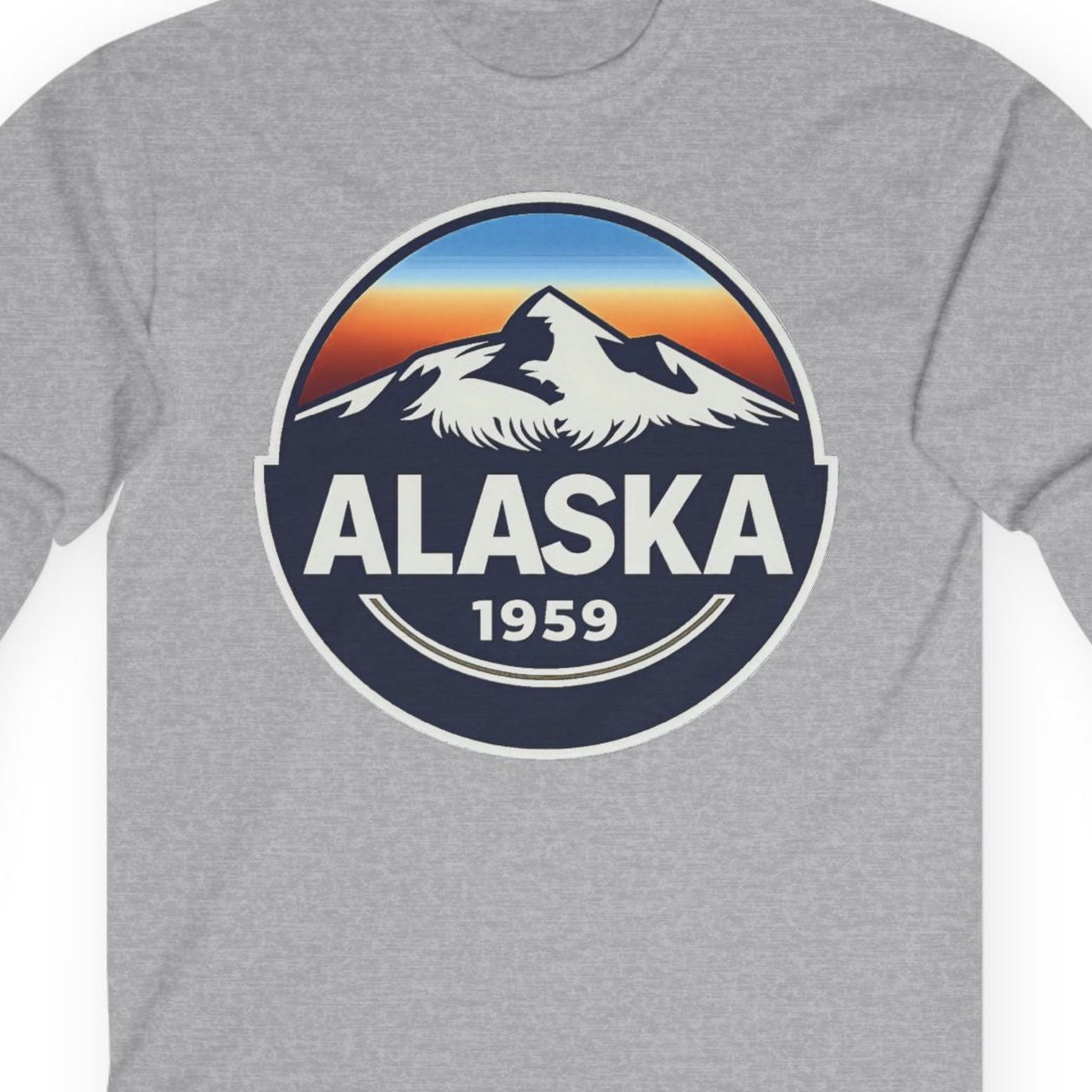 Alaska 1959 Retro Mountain Sunset Badge long sleeve shirt Vintage Statehood long sleeve shirt — Long Sleeve Long Sleeve Shirt – Sport Grey – Alaska Cruise Shirts Close Up