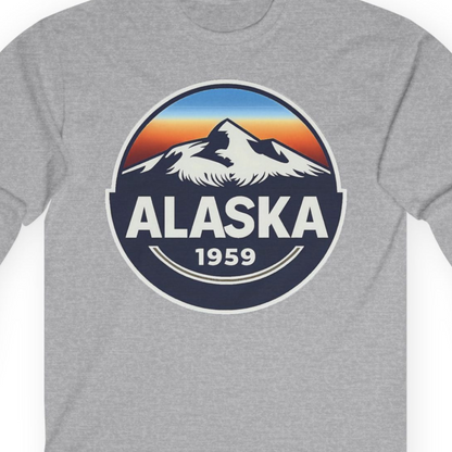 Alaska 1959 Retro Mountain Sunset Badge long sleeve shirt Vintage Statehood long sleeve shirt — Long Sleeve Long Sleeve Shirt – Sport Grey – Alaska Cruise Shirts Close Up