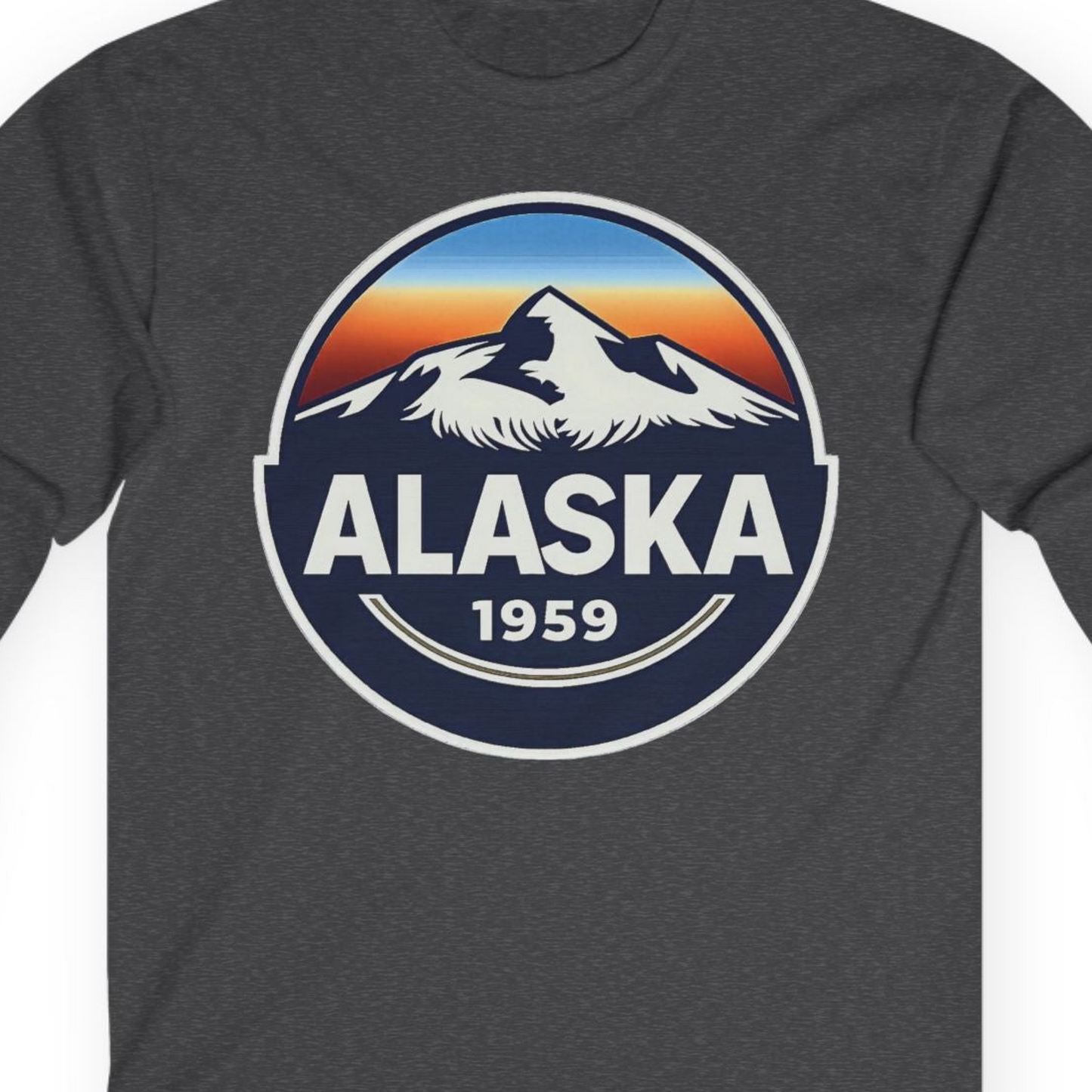 Alaska 1959 Retro Mountain Sunset Badge long sleeve shirt Vintage Statehood long sleeve shirt — Long Sleeve Long Sleeve Shirt – Dark Heather – Alaska Cruise Shirts Close Up