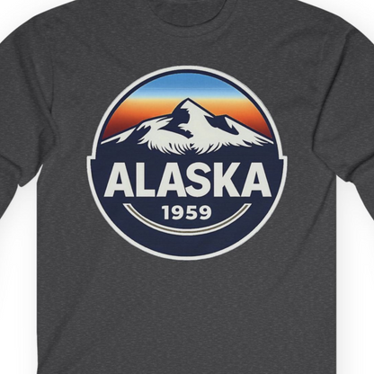 Alaska 1959 Retro Mountain Sunset Badge long sleeve shirt Vintage Statehood long sleeve shirt — Long Sleeve Long Sleeve Shirt – Dark Heather – Alaska Cruise Shirts Close Up
