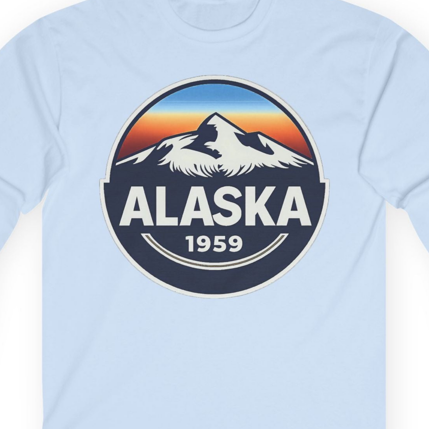 Alaska 1959 Retro Mountain Sunset Badge long sleeve shirt Vintage Statehood long sleeve shirt — Long Sleeve Long Sleeve Shirt – Light Blue – Alaska Cruise Shirts Close Up
