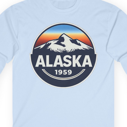 Alaska 1959 Retro Mountain Sunset Badge long sleeve shirt Vintage Statehood long sleeve shirt — Long Sleeve Long Sleeve Shirt – Light Blue – Alaska Cruise Shirts Close Up