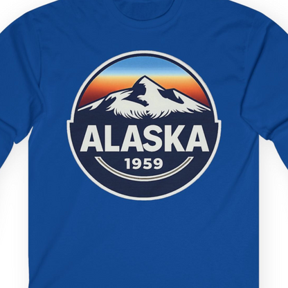 Alaska 1959 Retro Mountain Sunset Badge long sleeve shirt Vintage Statehood long sleeve shirt — Long Sleeve Long Sleeve Shirt – Royal – Alaska Cruise Shirts Close Up