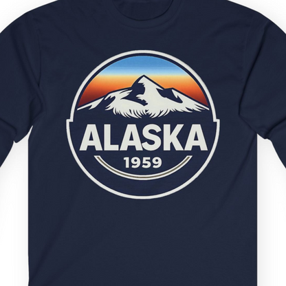 Alaska 1959 Retro Mountain Sunset Badge long sleeve shirt Vintage Statehood long sleeve shirt — Long Sleeve Long Sleeve Shirt – Navy – Alaska Cruise Shirts Close Up
