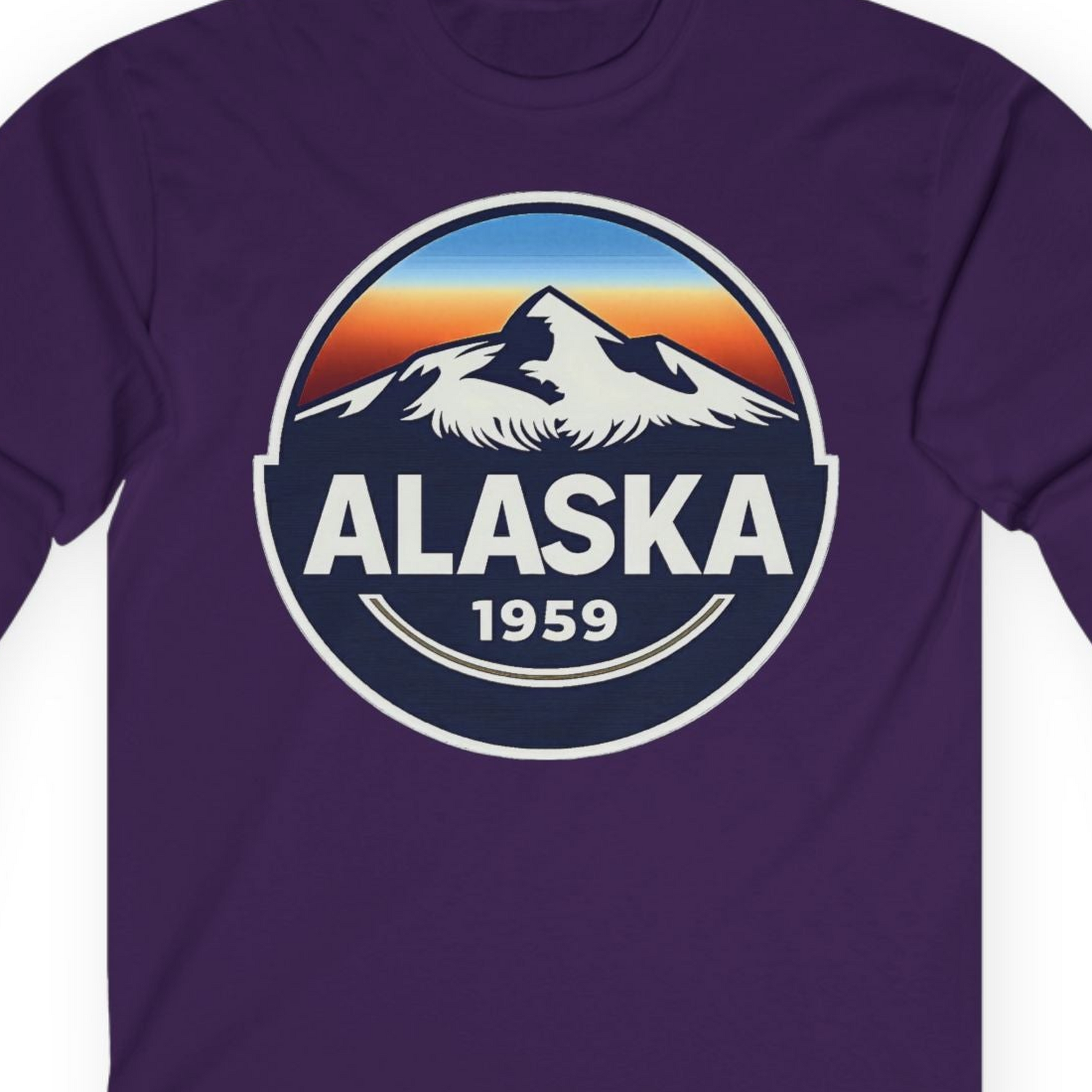 Alaska 1959 Retro Mountain Sunset Badge long sleeve shirt Vintage Statehood long sleeve shirt — Long Sleeve Long Sleeve Shirt – Purple – Alaska Cruise Shirts Close Up