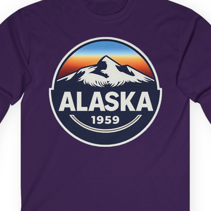Alaska 1959 Retro Mountain Sunset Badge long sleeve shirt Vintage Statehood long sleeve shirt — Long Sleeve Long Sleeve Shirt – Purple – Alaska Cruise Shirts Close Up