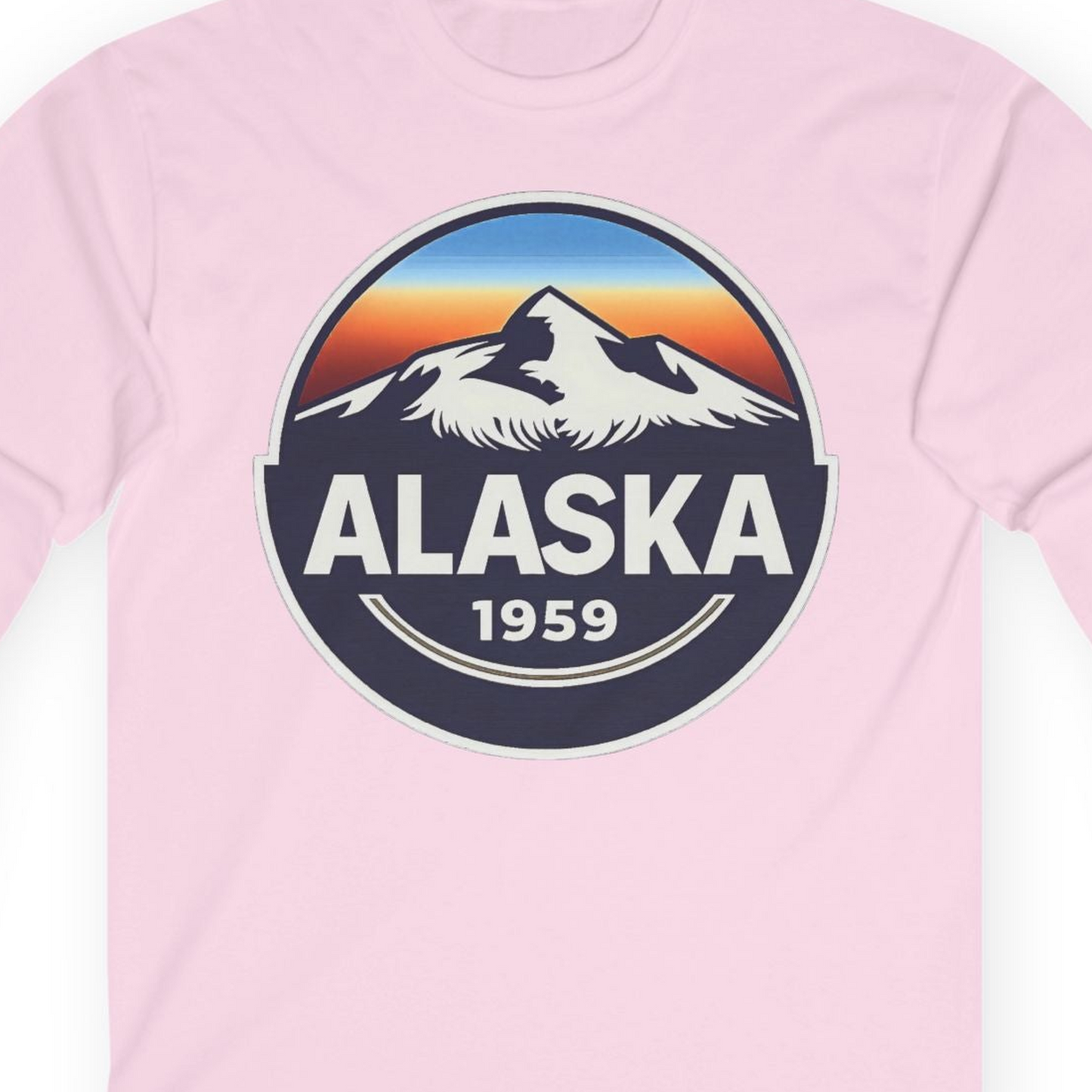 Alaska 1959 Retro Mountain Sunset Badge long sleeve shirt Vintage Statehood long sleeve shirt — Long Sleeve Long Sleeve Shirt – Light Pink – Alaska Cruise Shirts Close Up