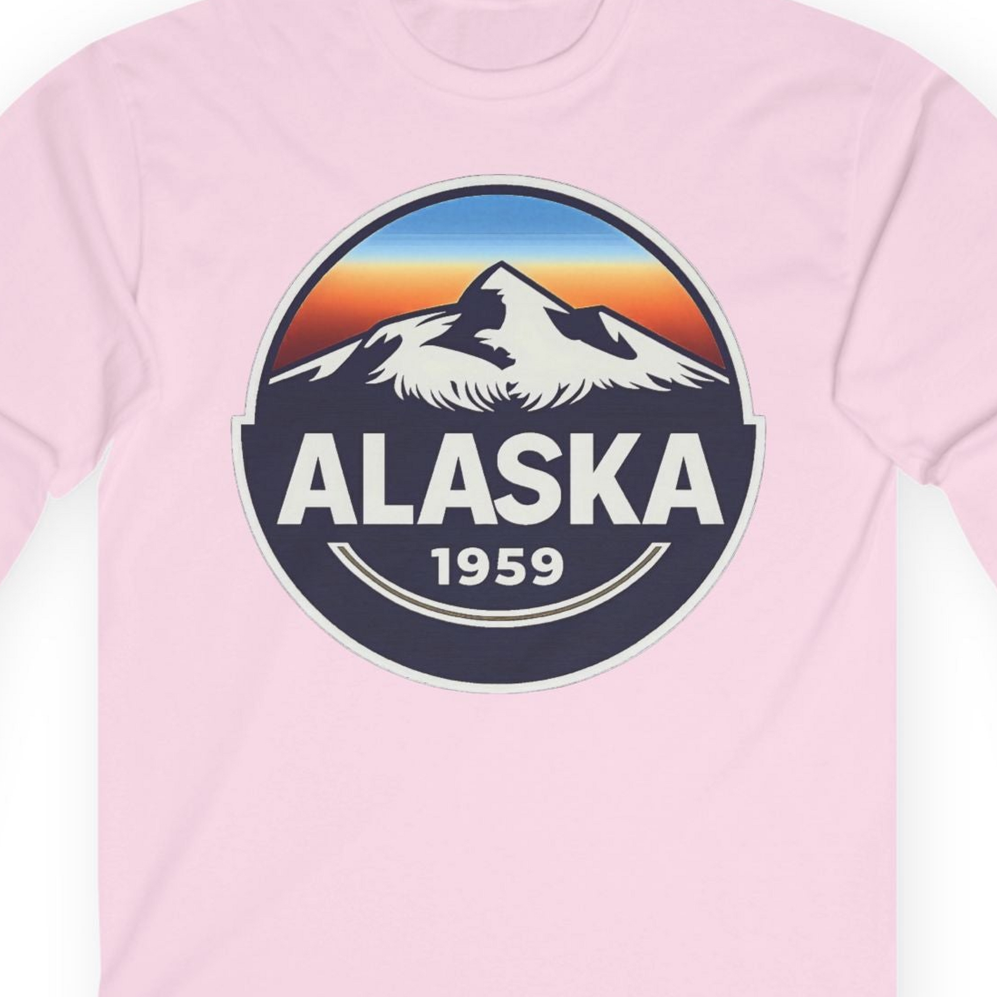 Alaska 1959 Retro Mountain Sunset Badge long sleeve shirt Vintage Statehood long sleeve shirt — Long Sleeve Long Sleeve Shirt – Light Pink – Alaska Cruise Shirts Close Up