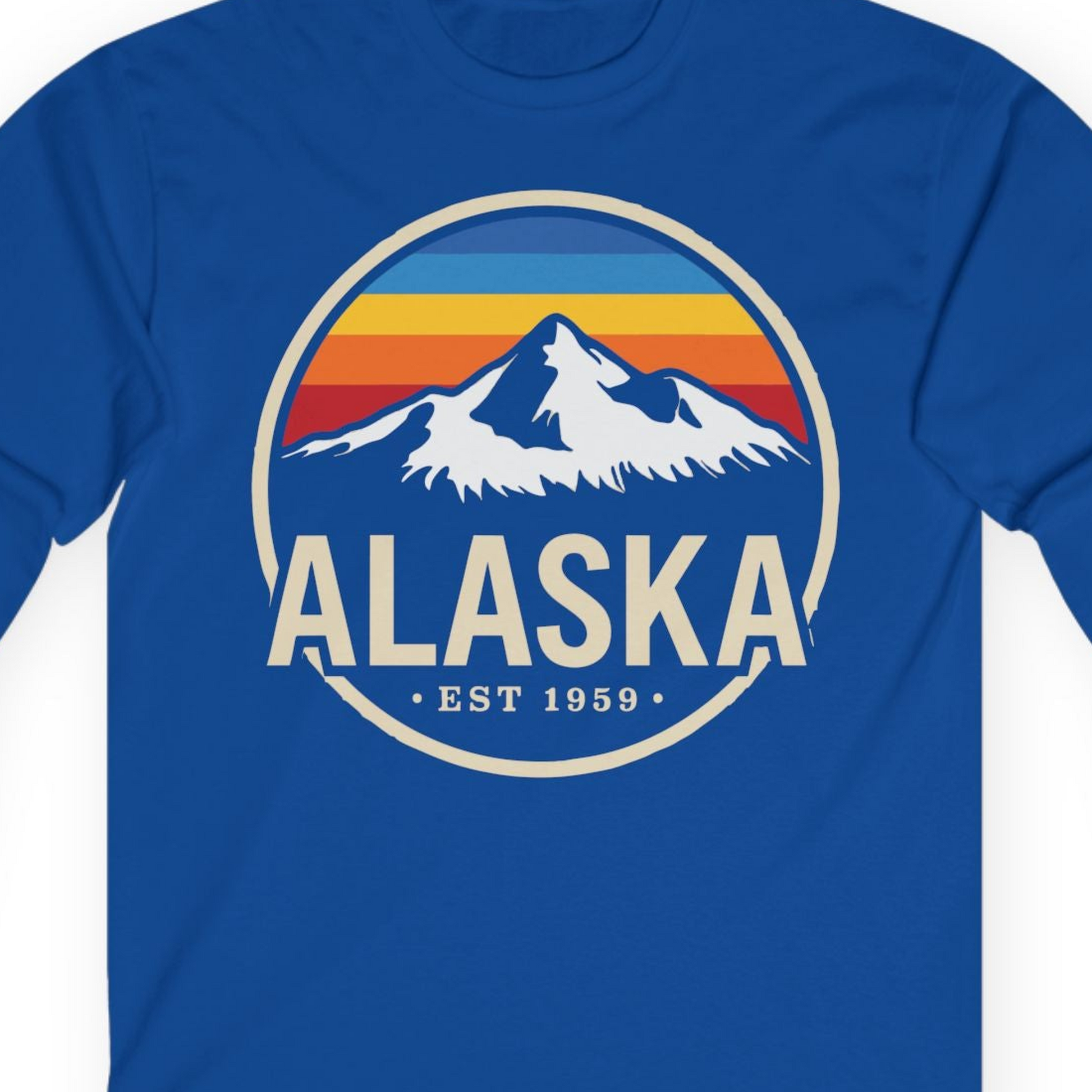 Alaska Vintage Mountain Sunset long sleeve shirt Long Sleeve Shirt – Royal – Alaska Cruise Shirts Close Up