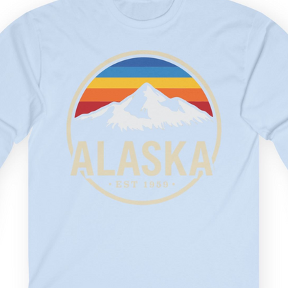Alaska Vintage Mountain Sunset long sleeve shirt Long Sleeve Shirt – Light Blue – Alaska Cruise Shirts Close Up