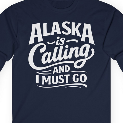 Alaska Is Calling Adventure Typography Shirt Long Sleeve Shirt – Navy – Alaska Cruise Shirts Close Up
