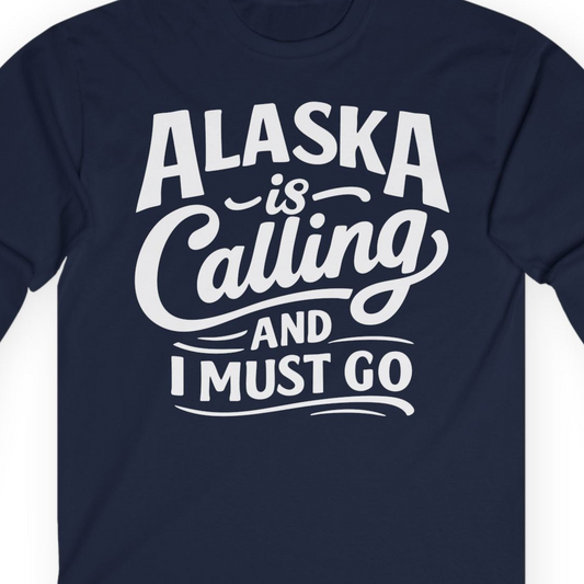 Alaska Is Calling Adventure Typography Shirt Long Sleeve Shirt – Navy – Alaska Cruise Shirts Close Up