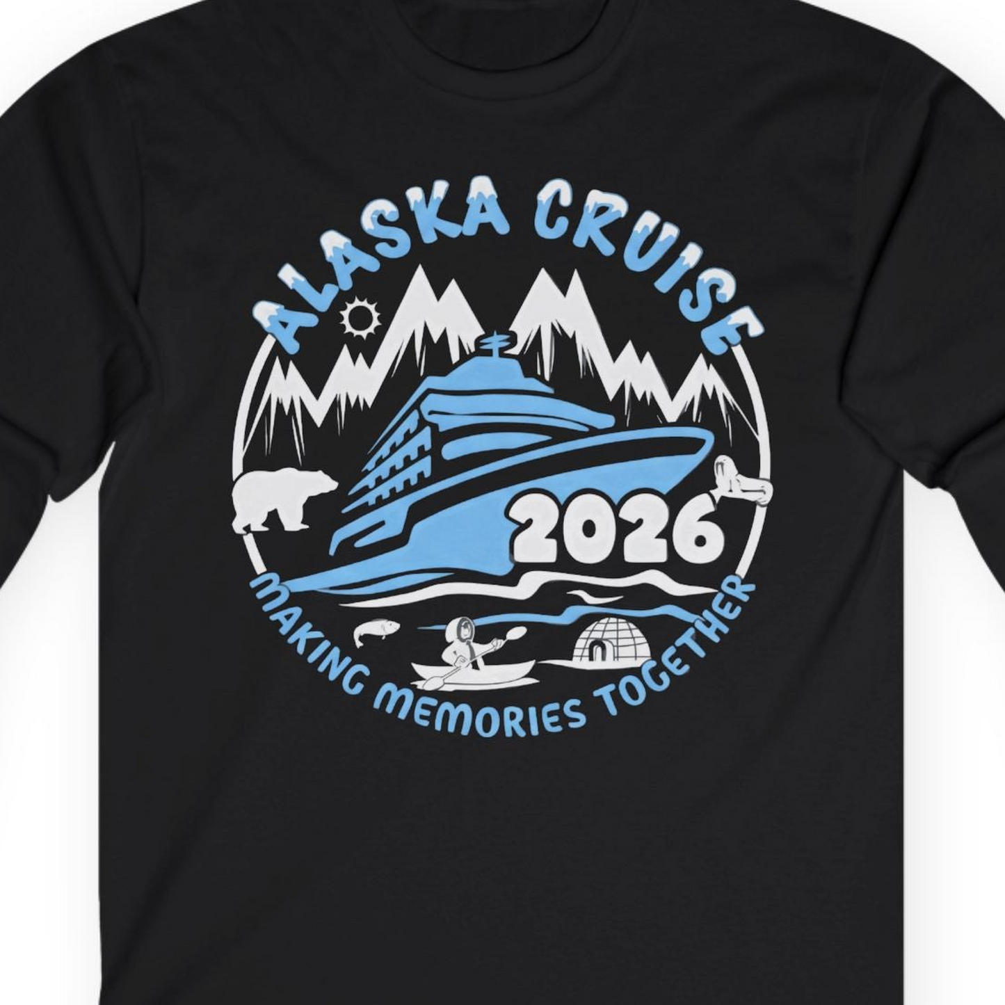 Alaska Cruise 2026 Family Adventure Shirt with Wildlife and Nature — Long Sleeve Long Sleeve Shirt – Black – Alaska Cruise Shirts Close Up