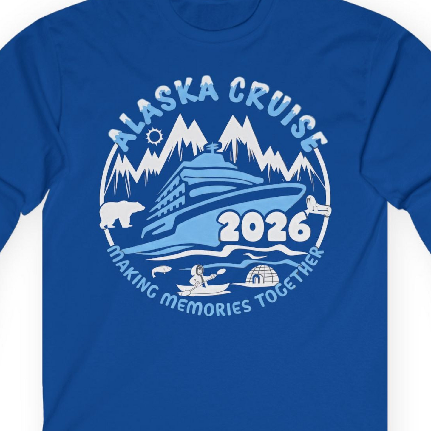 Alaska Cruise 2026 Family Adventure Shirt with Wildlife and Nature — Long Sleeve Long Sleeve Shirt – Royal – Alaska Cruise Shirts Close Up