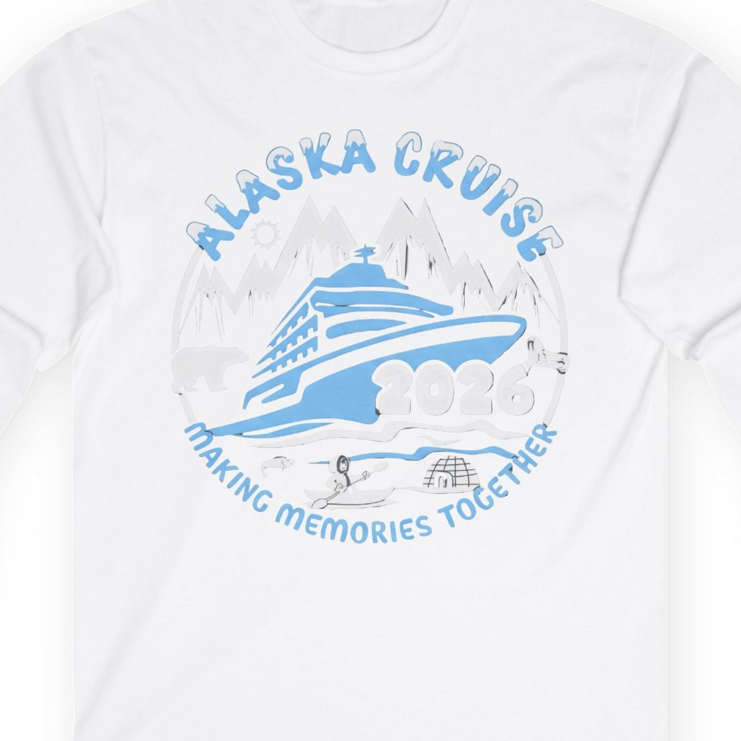 Alaska Cruise 2026 Family Adventure Shirt with Wildlife and Nature — Long Sleeve Long Sleeve Shirt – White – Alaska Cruise Shirts Close Up