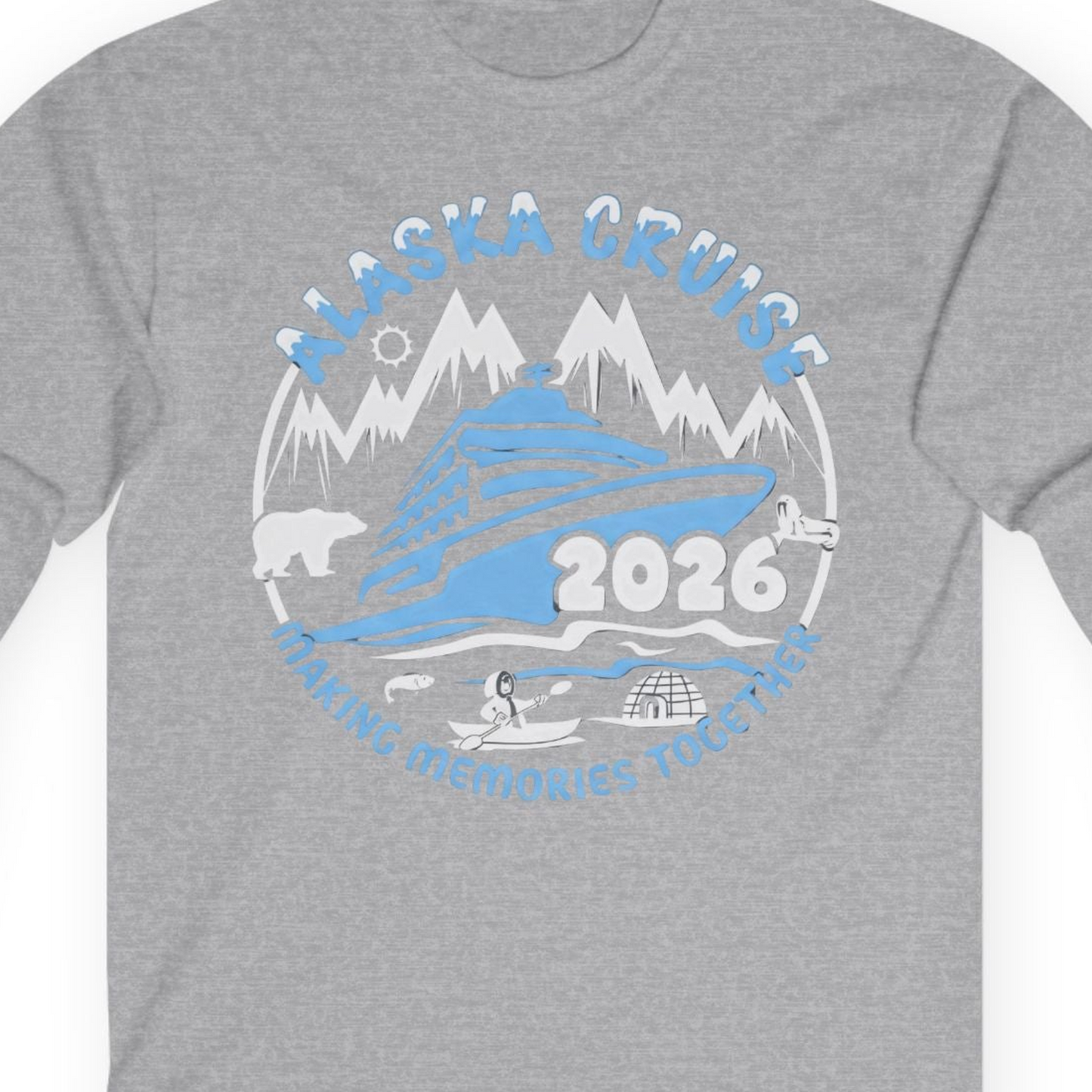 Alaska Cruise 2026 Family Adventure Shirt with Wildlife and Nature — Long Sleeve Long Sleeve Shirt – Sport Grey – Alaska Cruise Shirts Close Up