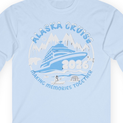 Alaska Cruise 2026 Family Adventure Shirt with Wildlife and Nature — Long Sleeve Long Sleeve Shirt – Light Blue – Alaska Cruise Shirts Close Up
