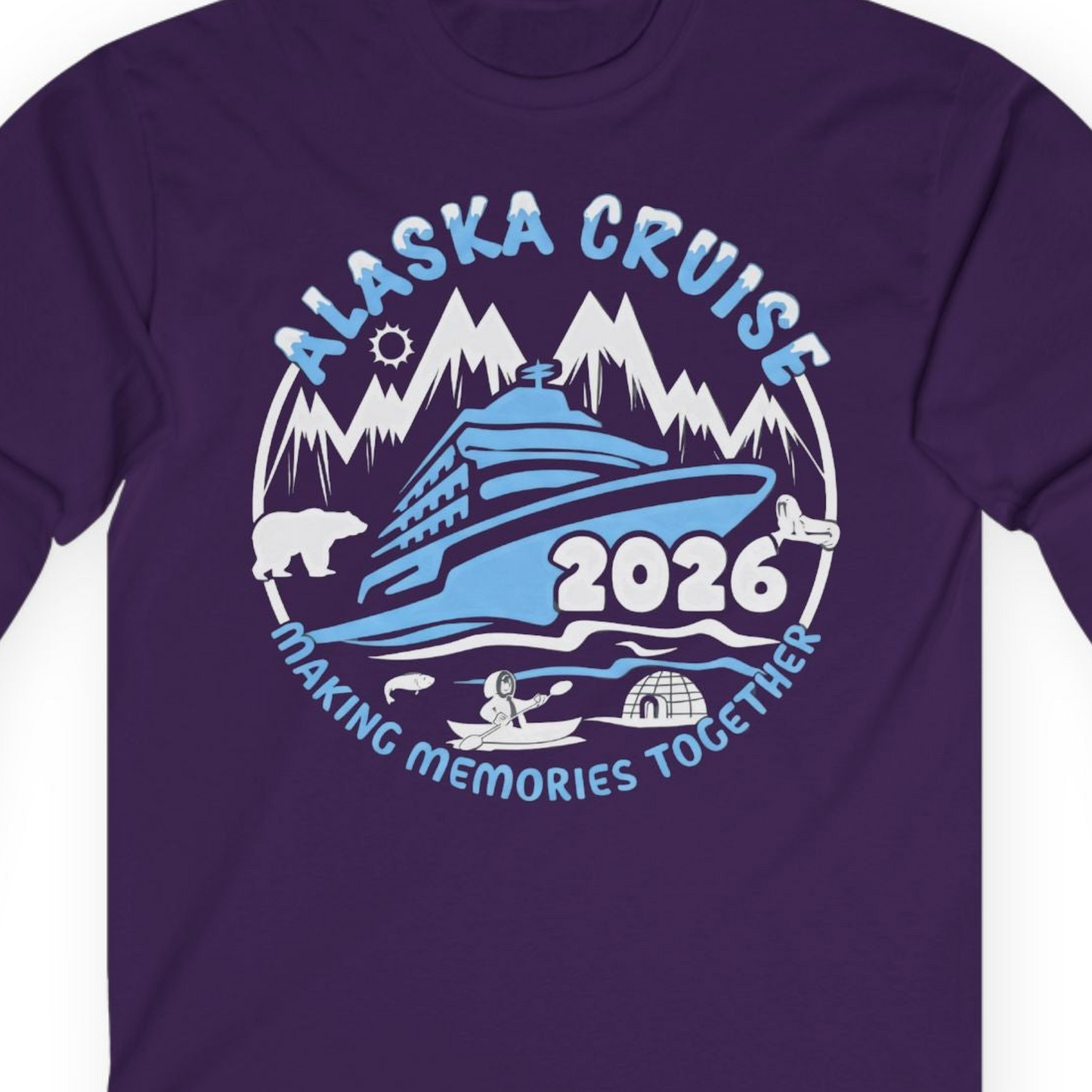 Alaska Cruise 2026 Family Adventure Shirt with Wildlife and Nature — Long Sleeve Long Sleeve Shirt – Purple – Alaska Cruise Shirts Close Up