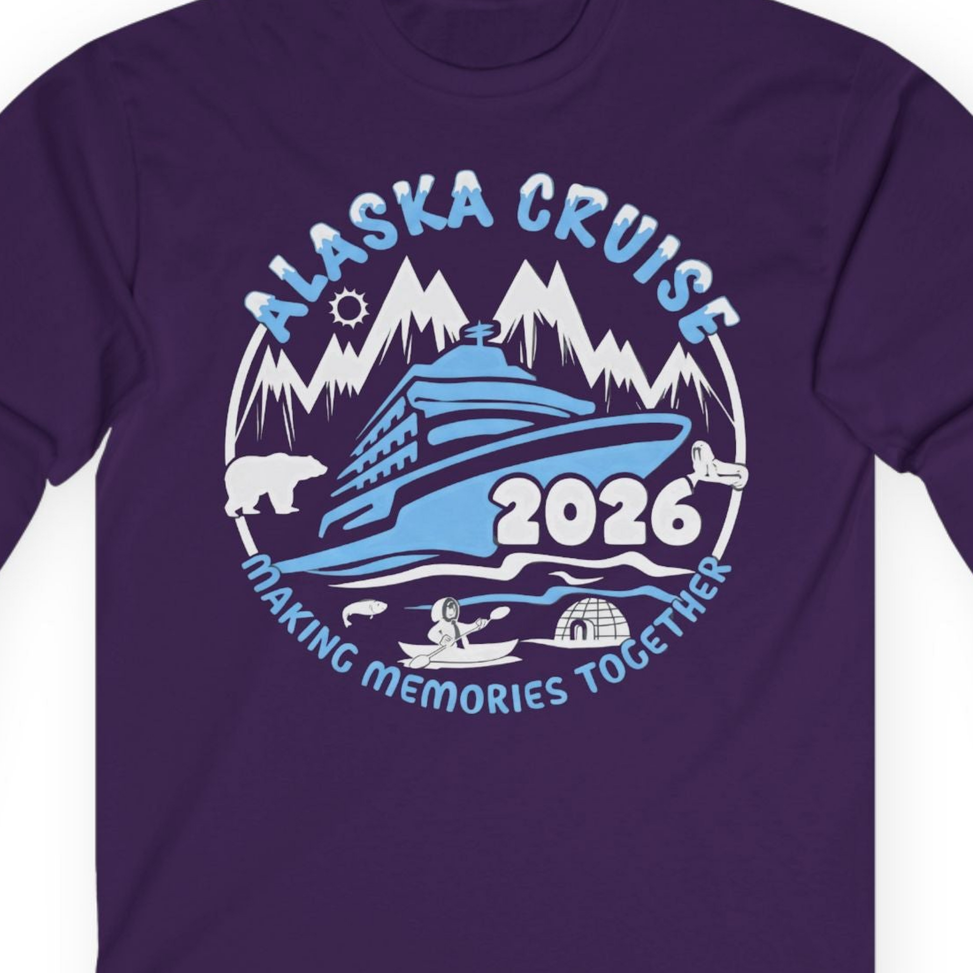 Alaska Cruise 2026 Family Adventure Shirt with Wildlife and Nature — Long Sleeve Long Sleeve Shirt – Purple – Alaska Cruise Shirts Close Up