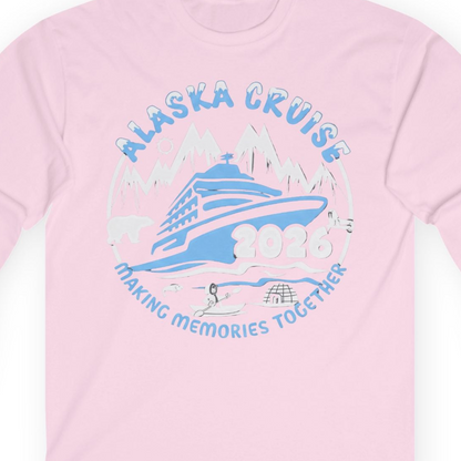 Alaska Cruise 2026 Family Adventure Shirt with Wildlife and Nature — Long Sleeve Long Sleeve Shirt – Light Pink – Alaska Cruise Shirts Close Up