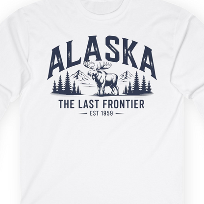 Alaska The Last Frontier Moose Mountain Wilderness Graphic Shirt — Long Sleeve Long Sleeve Shirt – White – Alaska Cruise Shirts Close Up