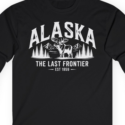 Alaska The Last Frontier Moose Mountain Wilderness Graphic Shirt — Long Sleeve Long Sleeve Shirt – Black – Alaska Cruise Shirts Close Up