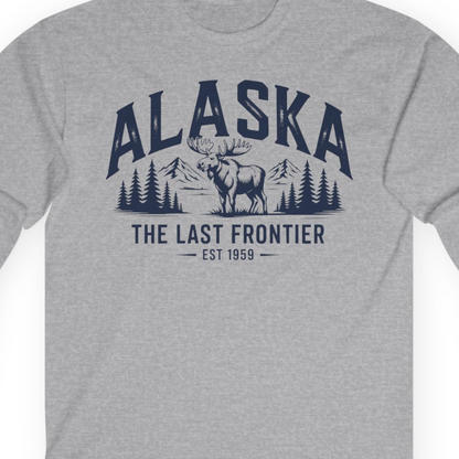 Alaska The Last Frontier Moose Mountain Wilderness Graphic Shirt — Long Sleeve Long Sleeve Shirt – Sport Grey – Alaska Cruise Shirts Close Up