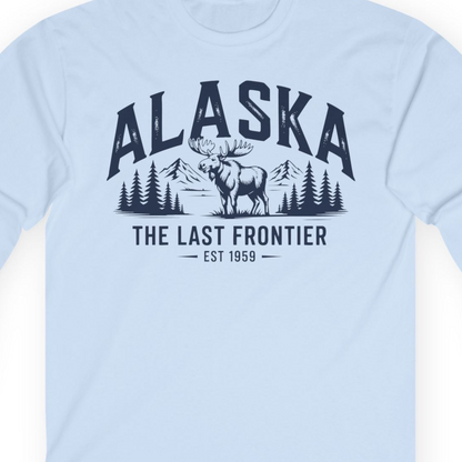 Alaska The Last Frontier Moose Mountain Wilderness Graphic Shirt — Long Sleeve Long Sleeve Shirt – Light Blue – Alaska Cruise Shirts Close Up