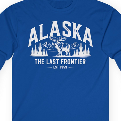 Alaska The Last Frontier Moose Mountain Wilderness Graphic Shirt — Long Sleeve Long Sleeve Shirt – Royal – Alaska Cruise Shirts Close Up