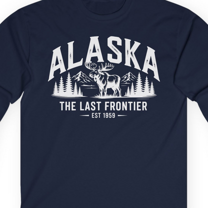 Alaska The Last Frontier Moose Mountain Wilderness Graphic Shirt — Long Sleeve Long Sleeve Shirt – Navy – Alaska Cruise Shirts Close Up
