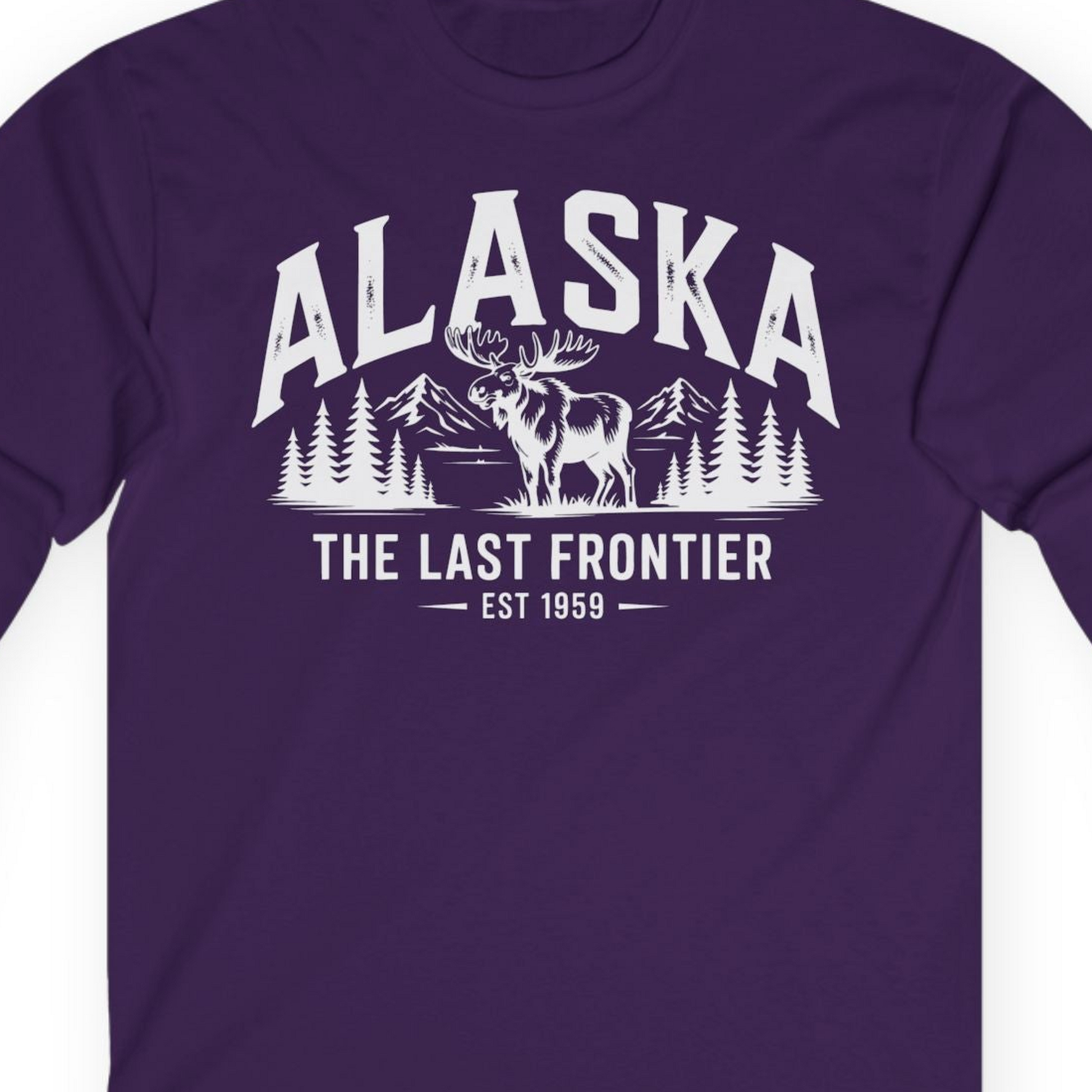 Alaska The Last Frontier Moose Mountain Wilderness Graphic Shirt — Long Sleeve Long Sleeve Shirt – Purple – Alaska Cruise Shirts Close Up