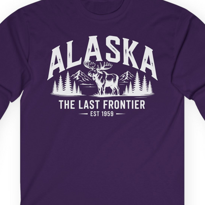 Alaska The Last Frontier Moose Mountain Wilderness Graphic Shirt — Long Sleeve Long Sleeve Shirt – Purple – Alaska Cruise Shirts Close Up