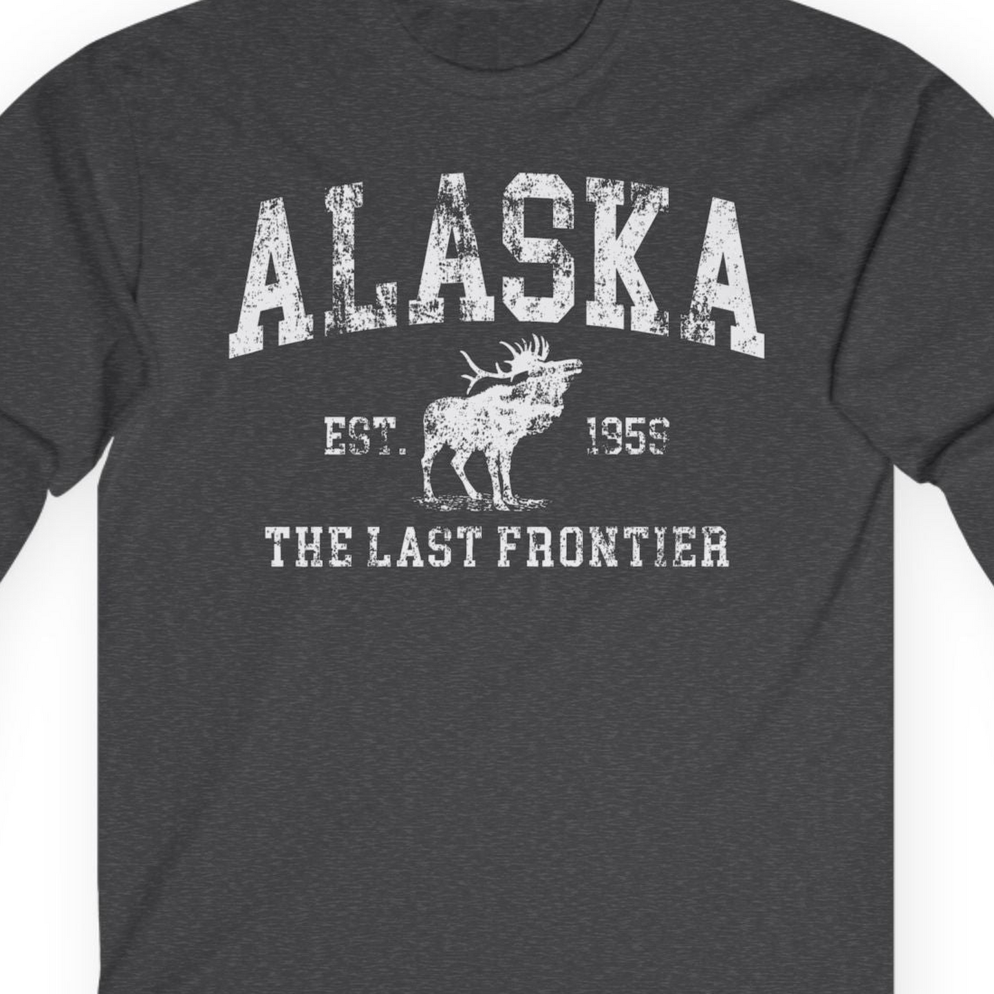 Vintage Alaska Moose Shirt Long Sleeve Shirt – Dark Heather – Alaska Cruise Shirts Close Up