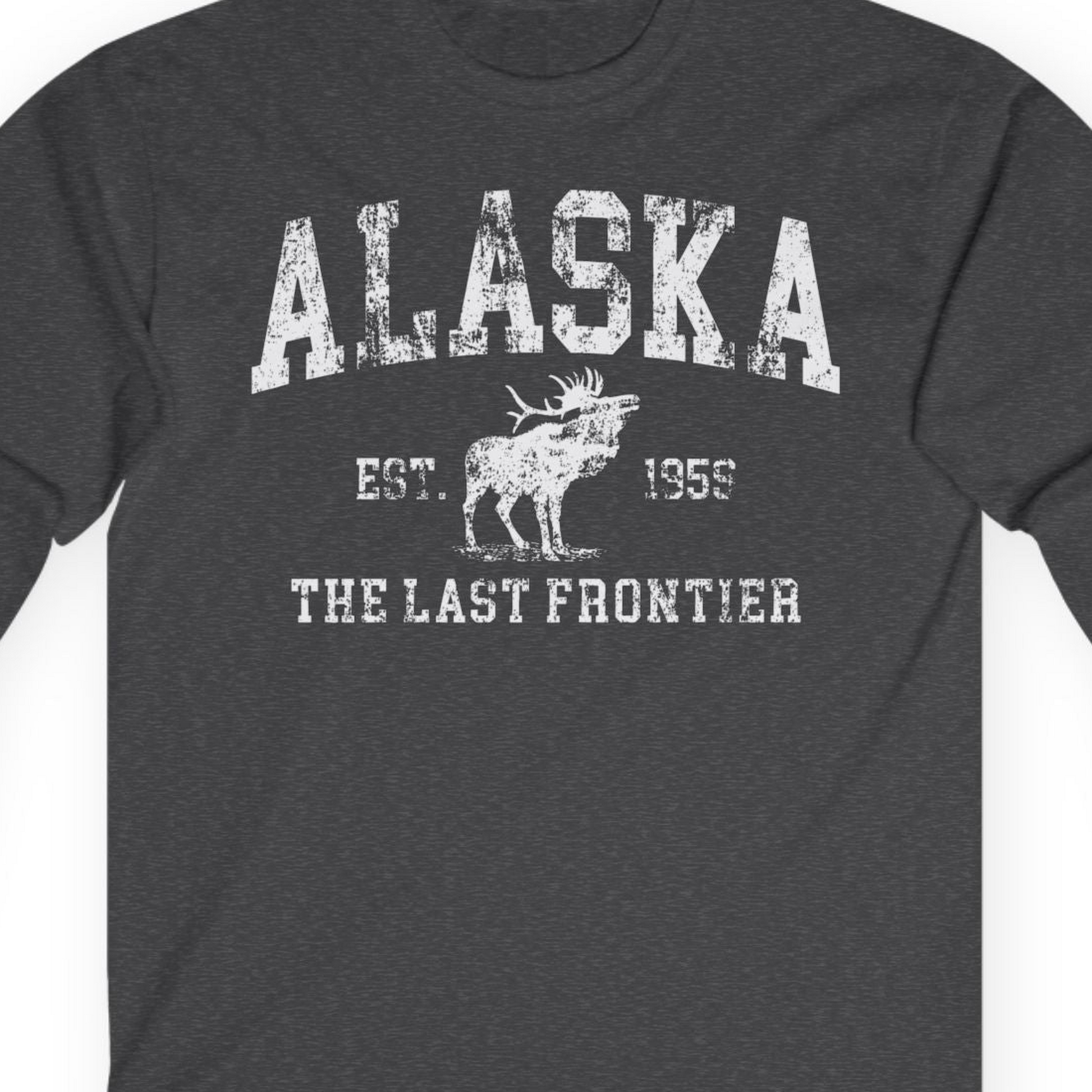 Vintage Alaska Moose Shirt Long Sleeve Shirt – Dark Heather – Alaska Cruise Shirts Close Up