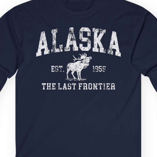 Vintage Alaska Moose Shirt Long Sleeve Shirt – Navy – Alaska Cruise Shirts Close Up